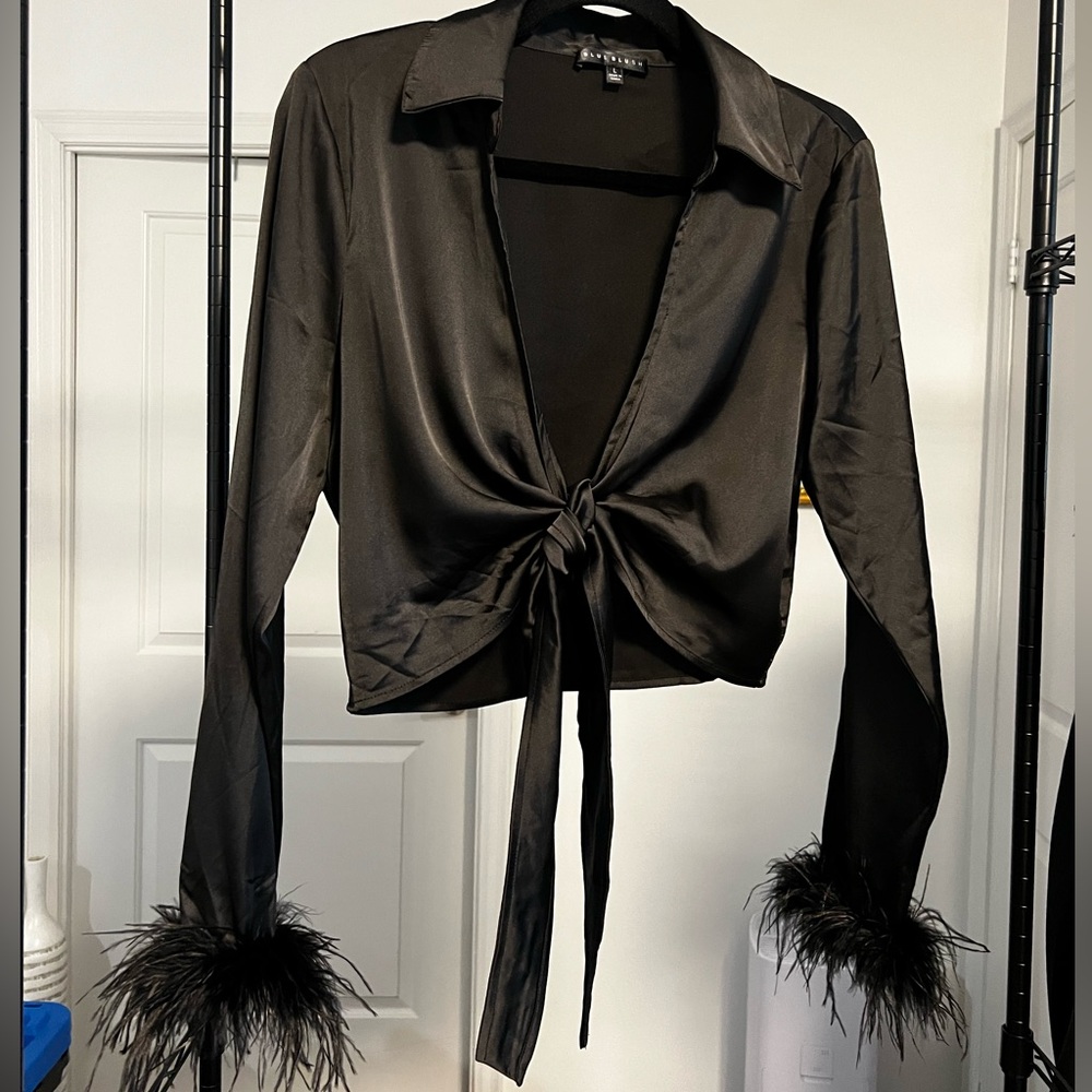 Black tie top with feathered sleeves